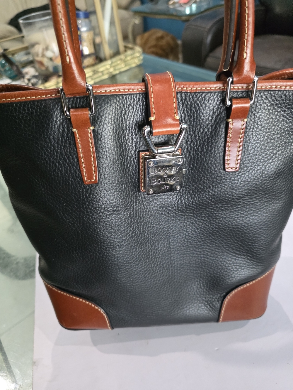 Dooney & Bourke Black Leather Tote with Brown Trim